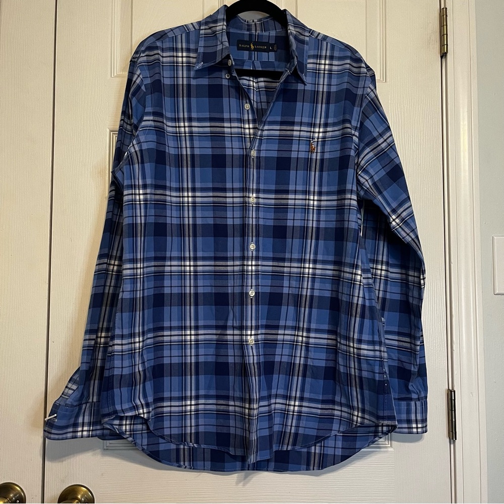 Polo Ralph Lauren Men's Blue Plaid 100% Nautical Cotton Notch Collar Size Large